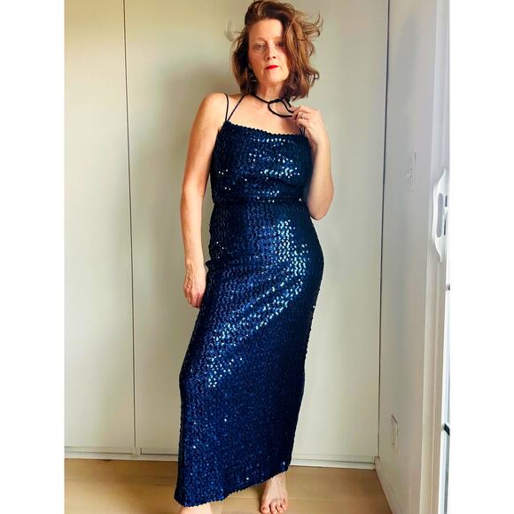 Vintage Dresses & Skirts - Vintage 80s Full Sequin Gown Size Medium Blue Full Length Fitted Party Made USA
